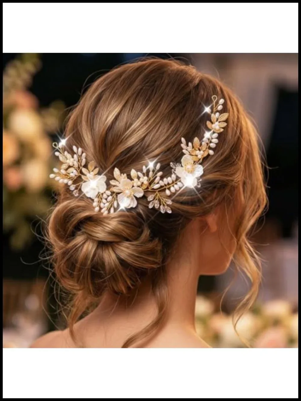 Bridal Gold Flower Headpiece Hair Vine with Pearls for Wedding